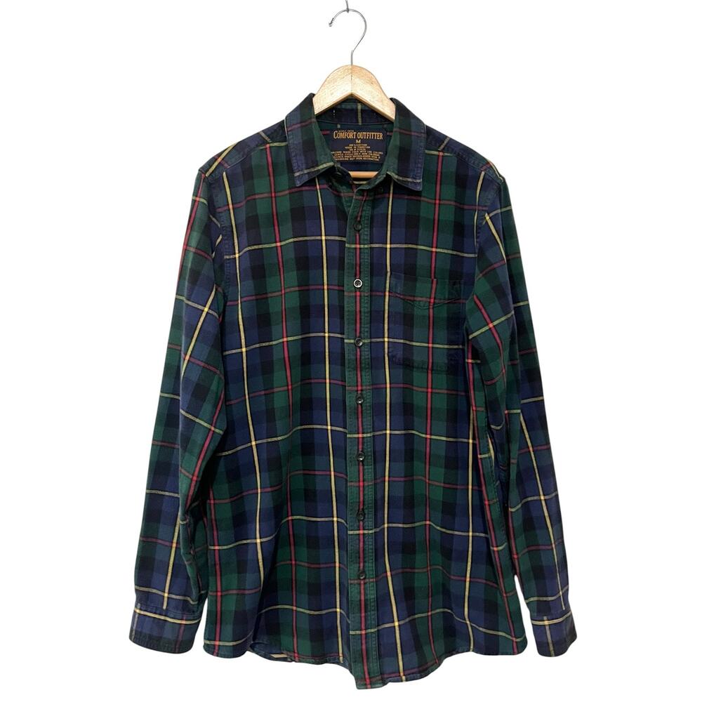 Vintage Men's Scotch Plaid Flannel Button Up Shirt Green Navy 90s Cotton Sz M